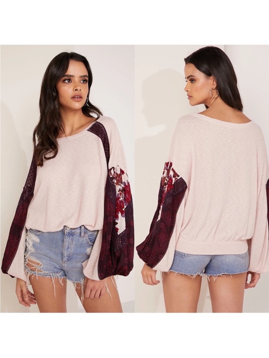 Free People Tops - Free People Light Pink Sweater Top with Burgundy Floral Balloon Sleeves